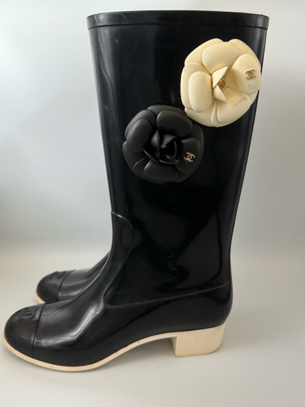 CHANEL Black Rain Boots with Cream & Black Camellia Flowers